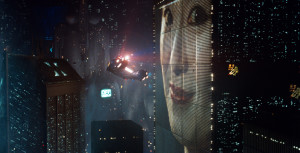 Still from Blade Runner’s ‘exterior’ sequences, created by installing CRT screens into the scaled-down model buildings used to create the landscape.